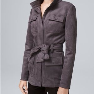 Belted faux suede jacket. Worn one time. Band collar. Zipper front and snaps.